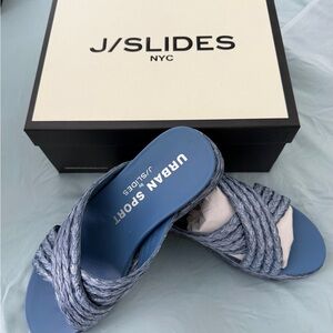 J Slides Blue Braided Raffia Sandals